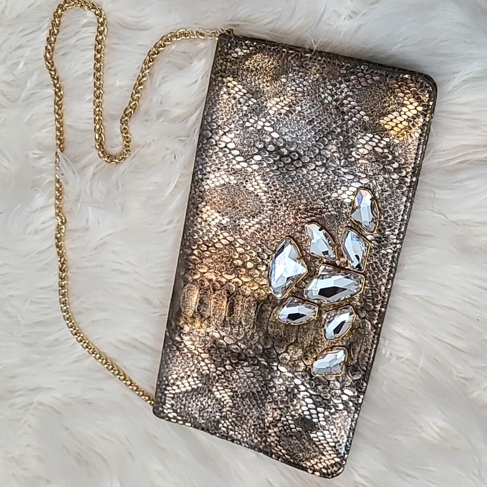 Inge Christopher leather snakeskin clutch Gold Silver Beaded Art Deco New‎ Year